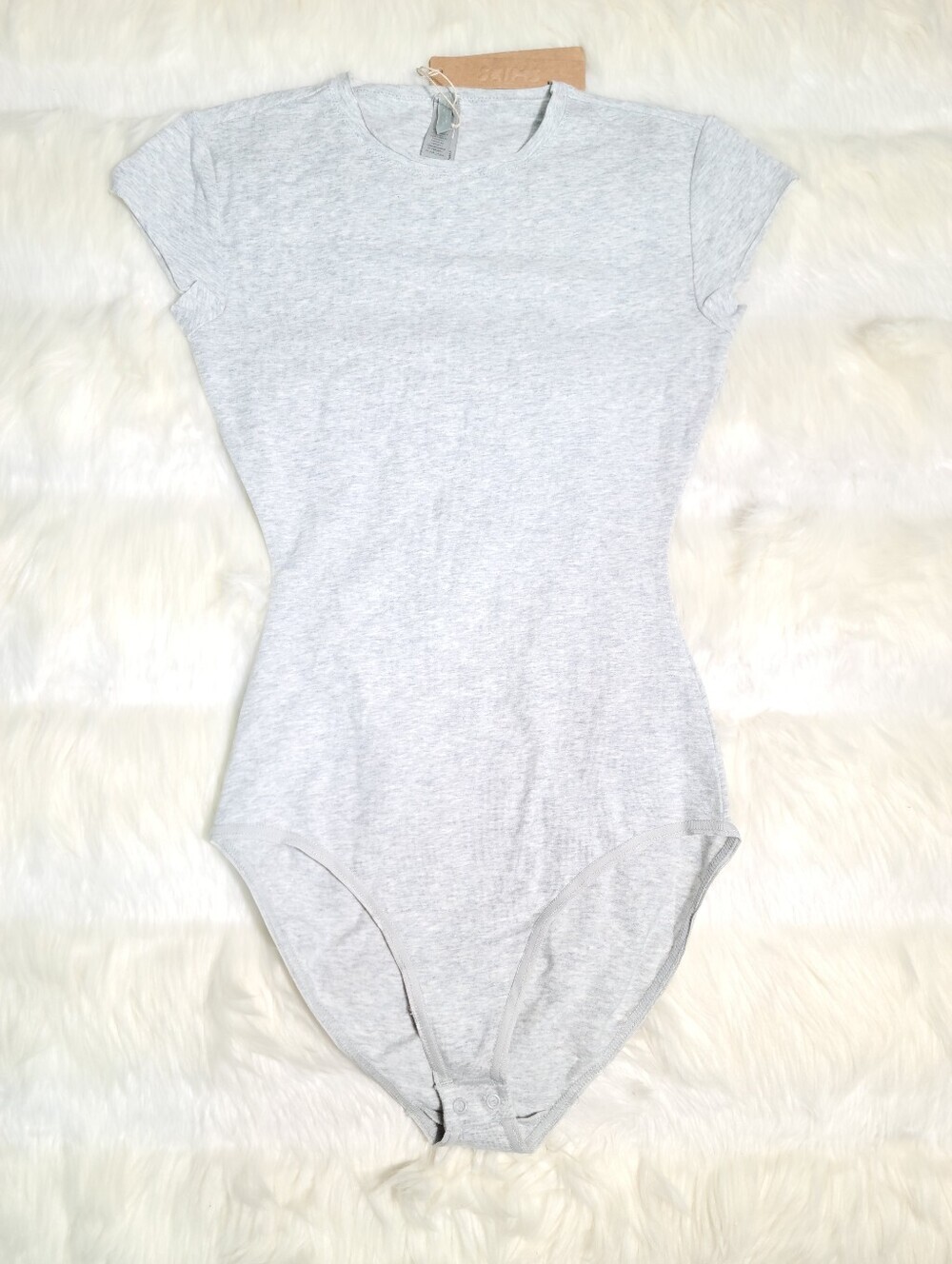 SKIMS Cotton Jersey Long Raw Edge T Shirt Bodysuit Heather Grey Women XXS NEW